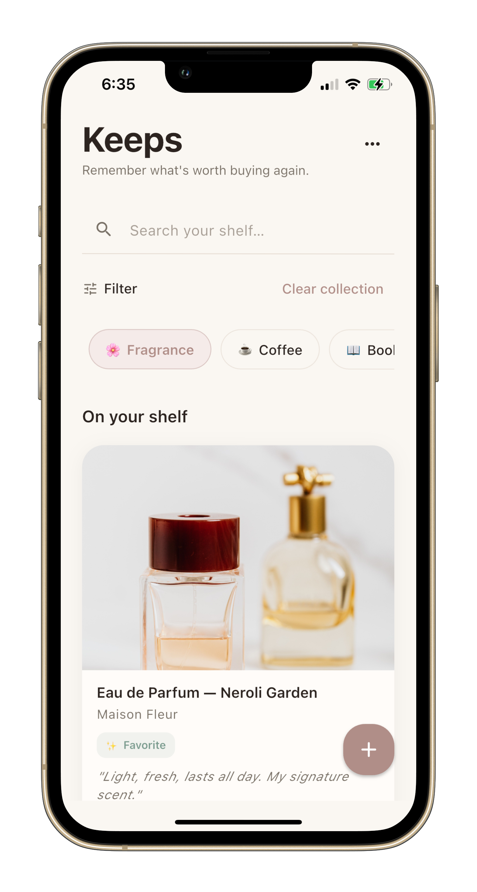 Keeps app showing a fragrance memory on your shelf — Eau de Parfum Neroli Garden marked Favorite